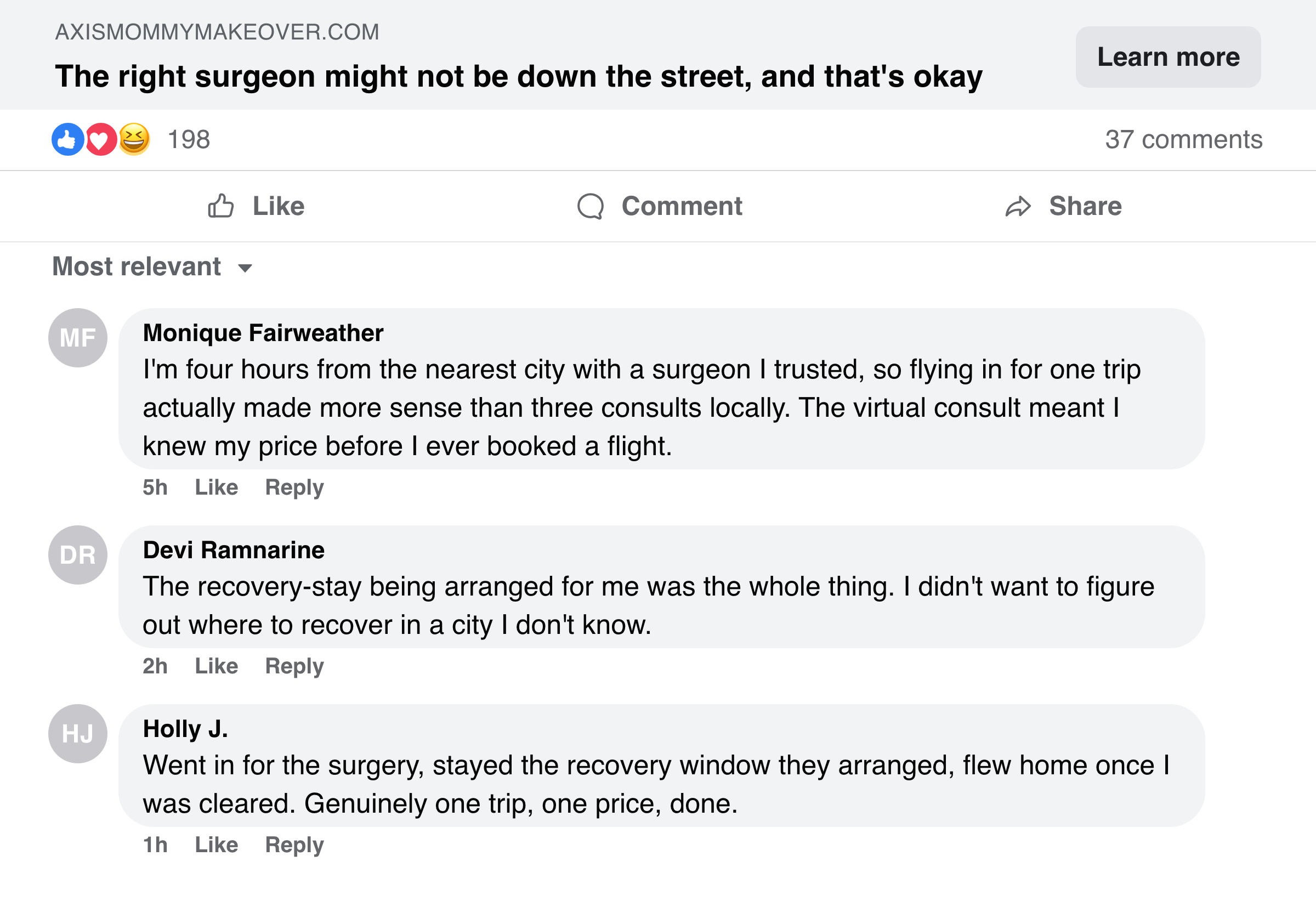 Facebook comments from moms who traveled in for their mommy makeover about the virtual consult and recovery-stay