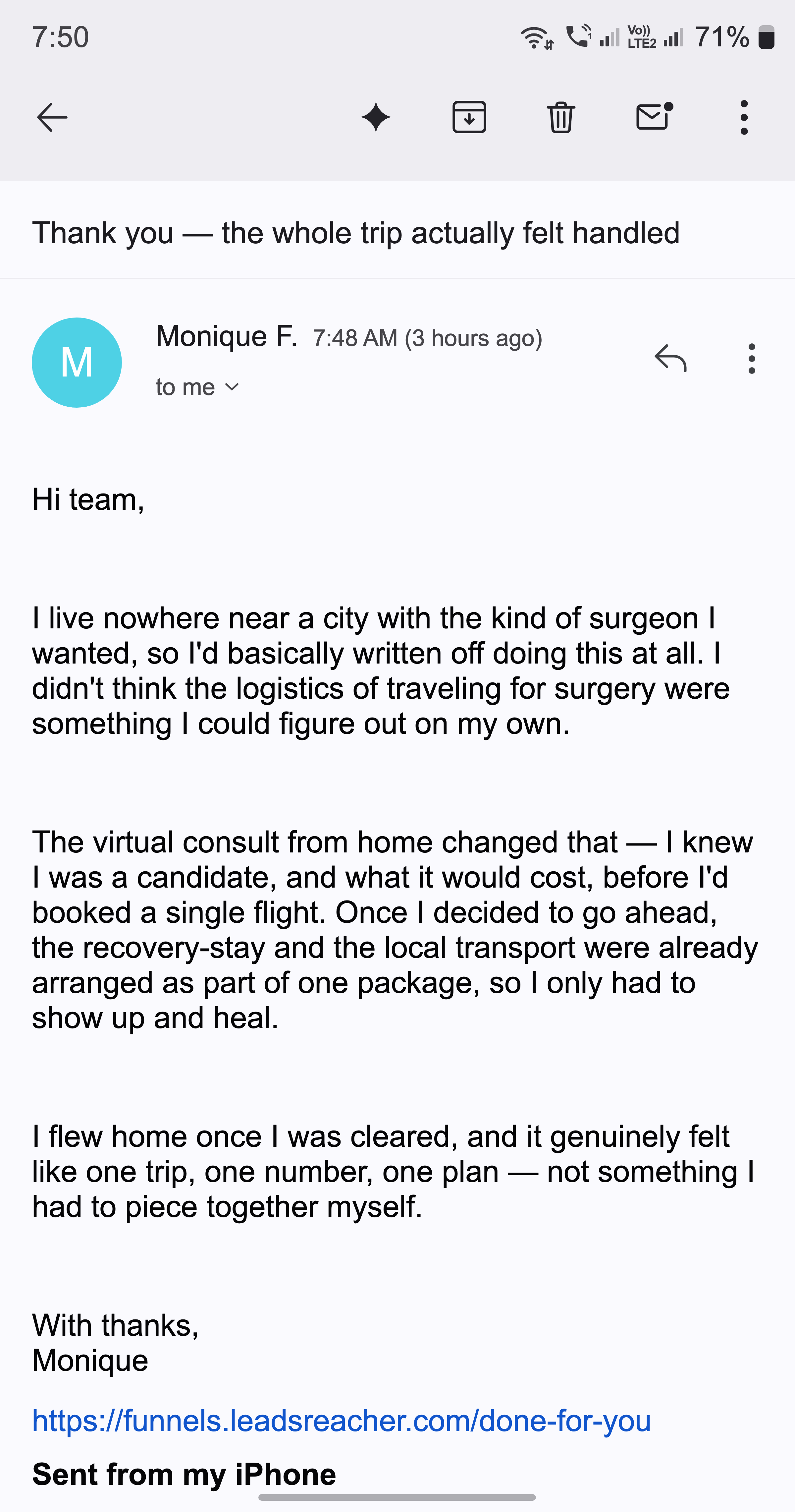A thank-you email from a mom about the whole trip feeling handled from consult to flying home