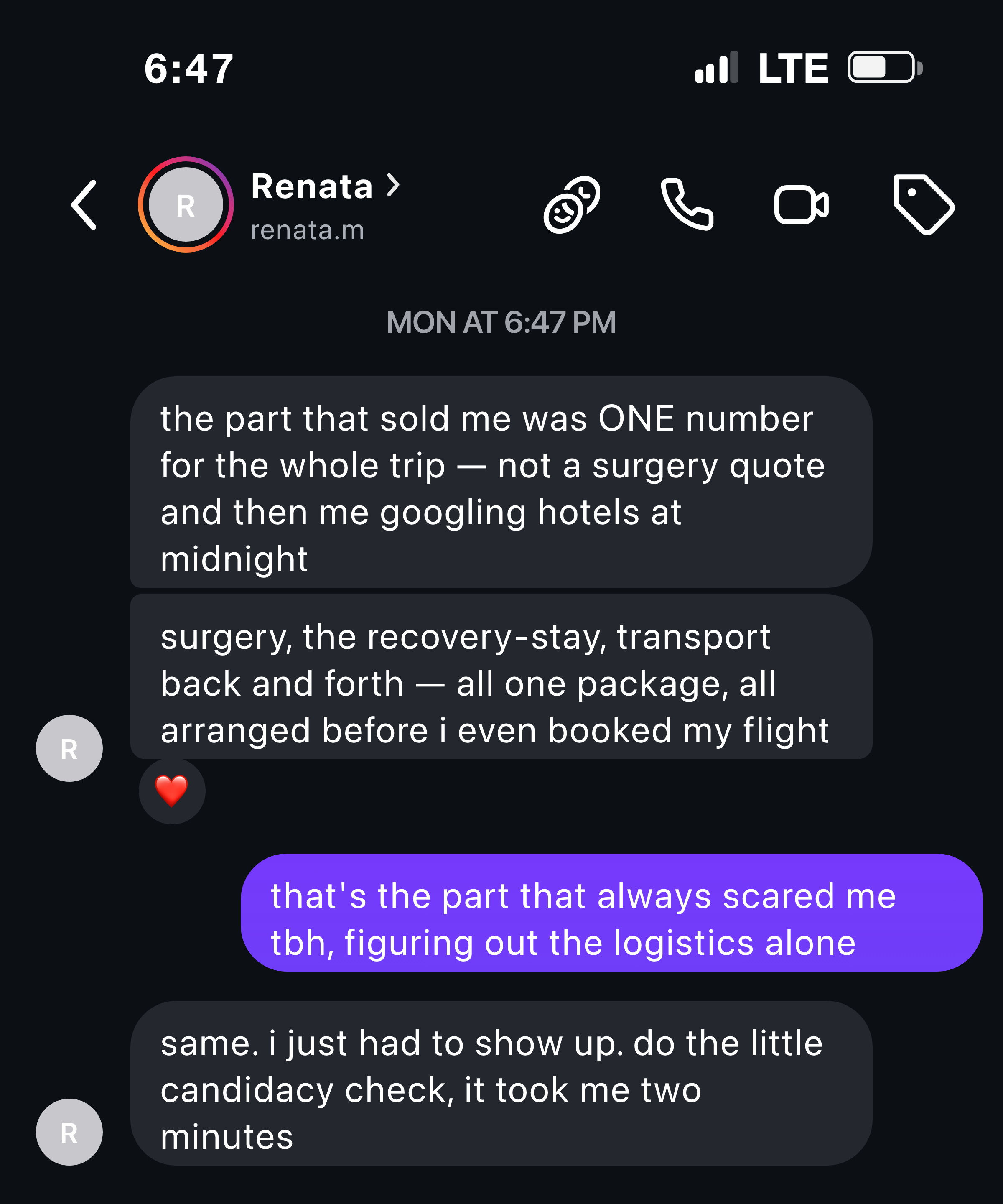 Instagram message from a mom about one all-inclusive number covering surgery, the recovery-stay and transport