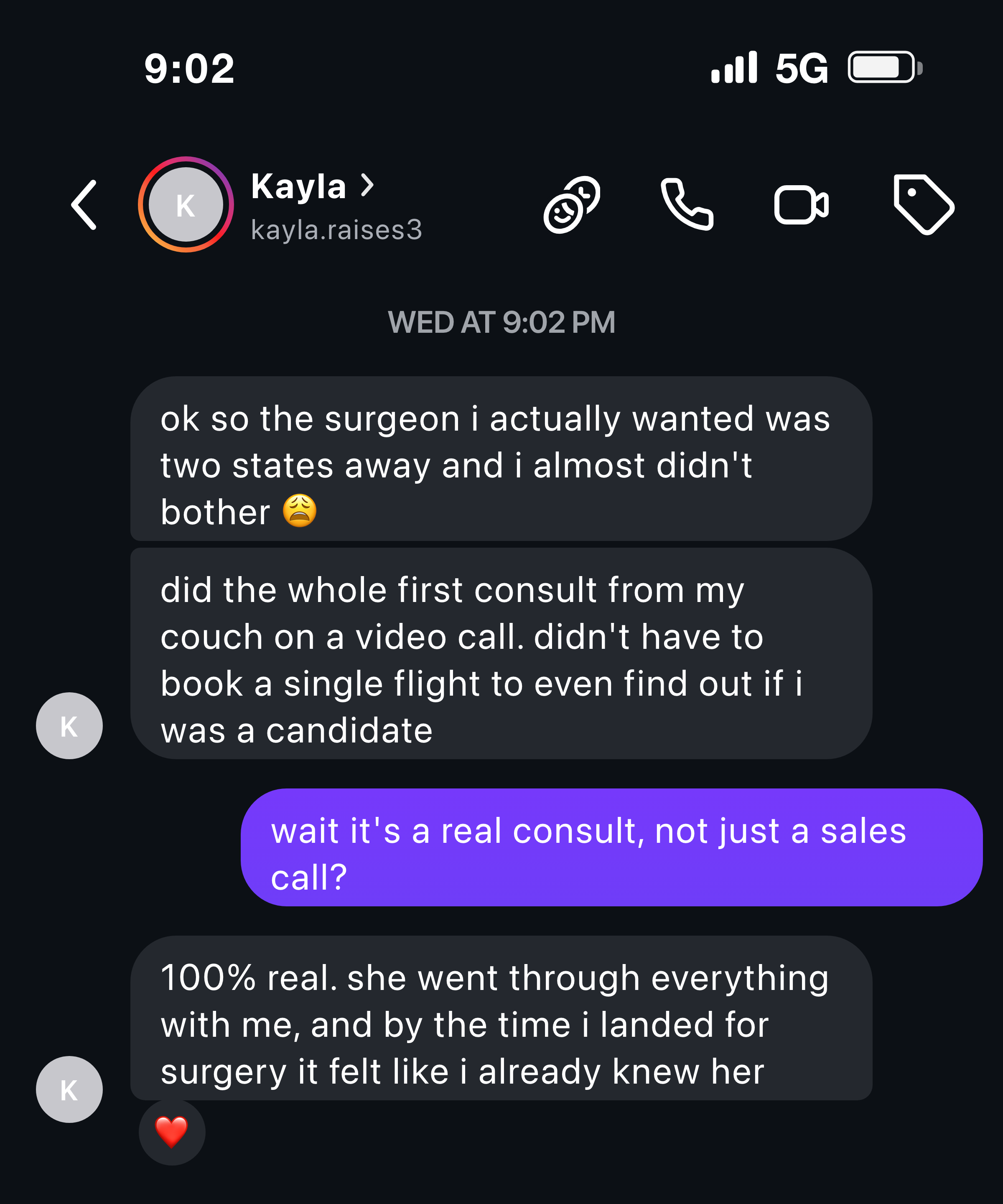 Instagram message from a mom about doing her first consult virtually before booking any flight