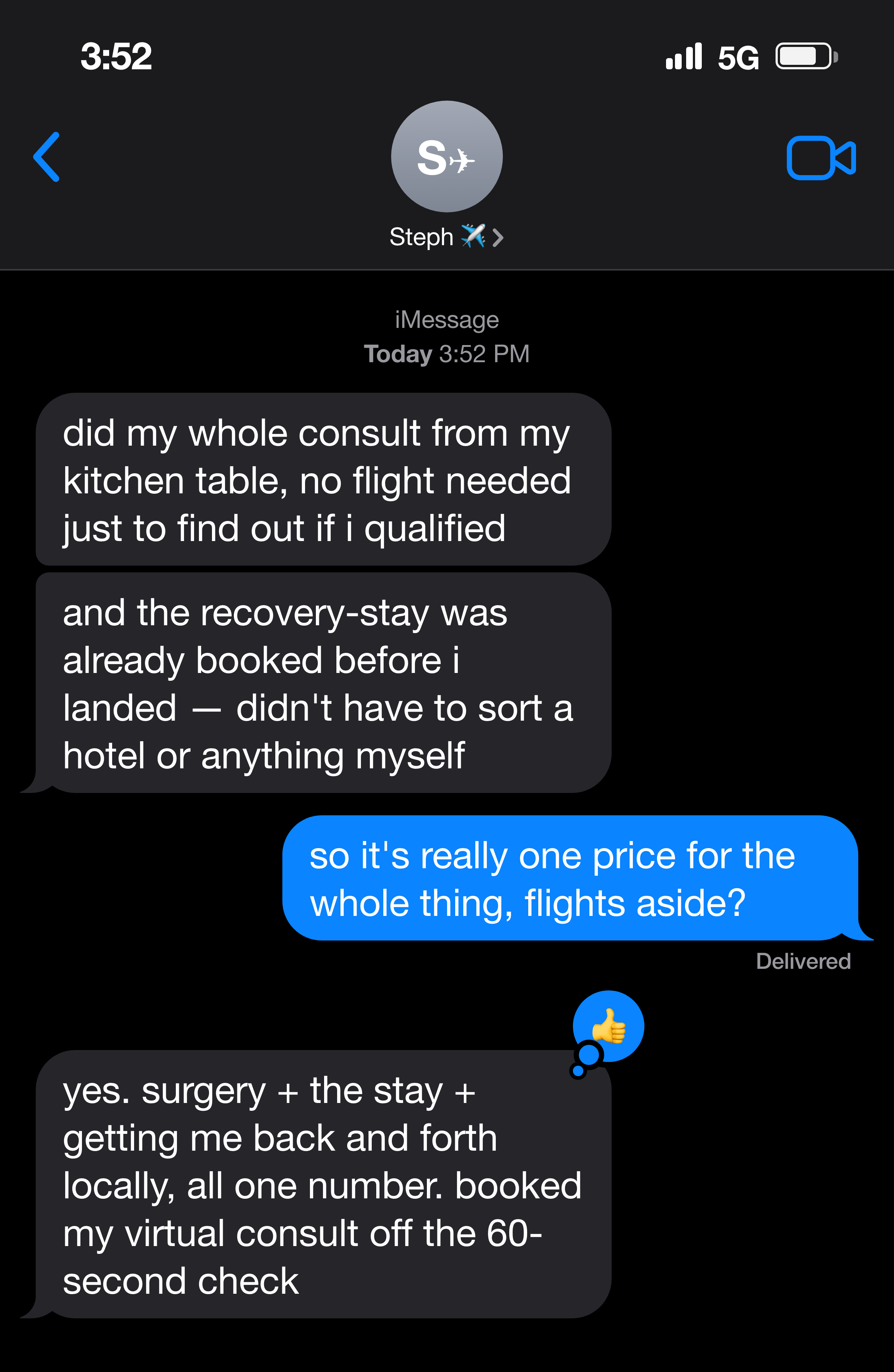Text message from a mom about the virtual consult and the recovery-stay being booked before she landed