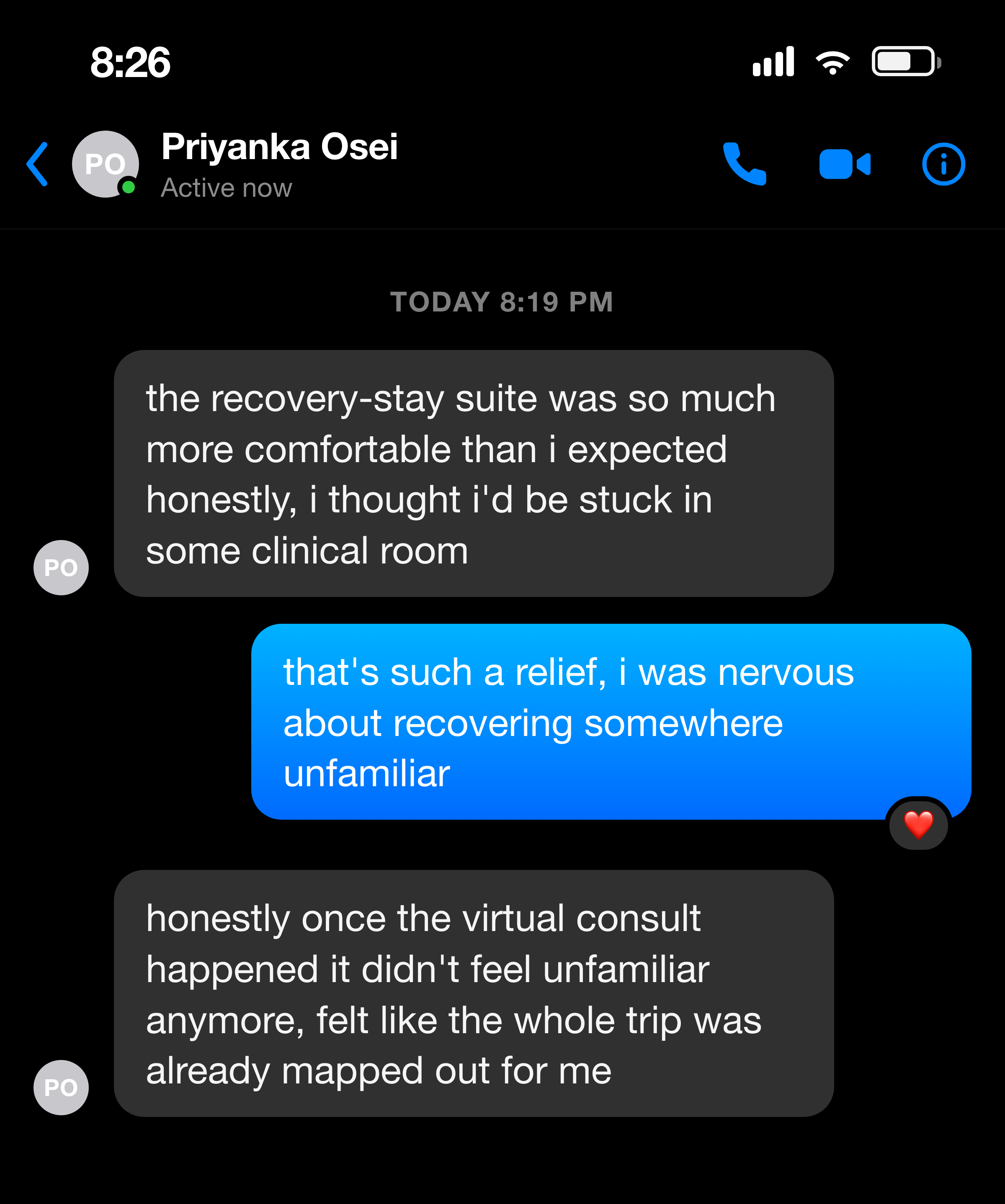Messenger note from a mom about how comfortable the recovery-stay suite felt
