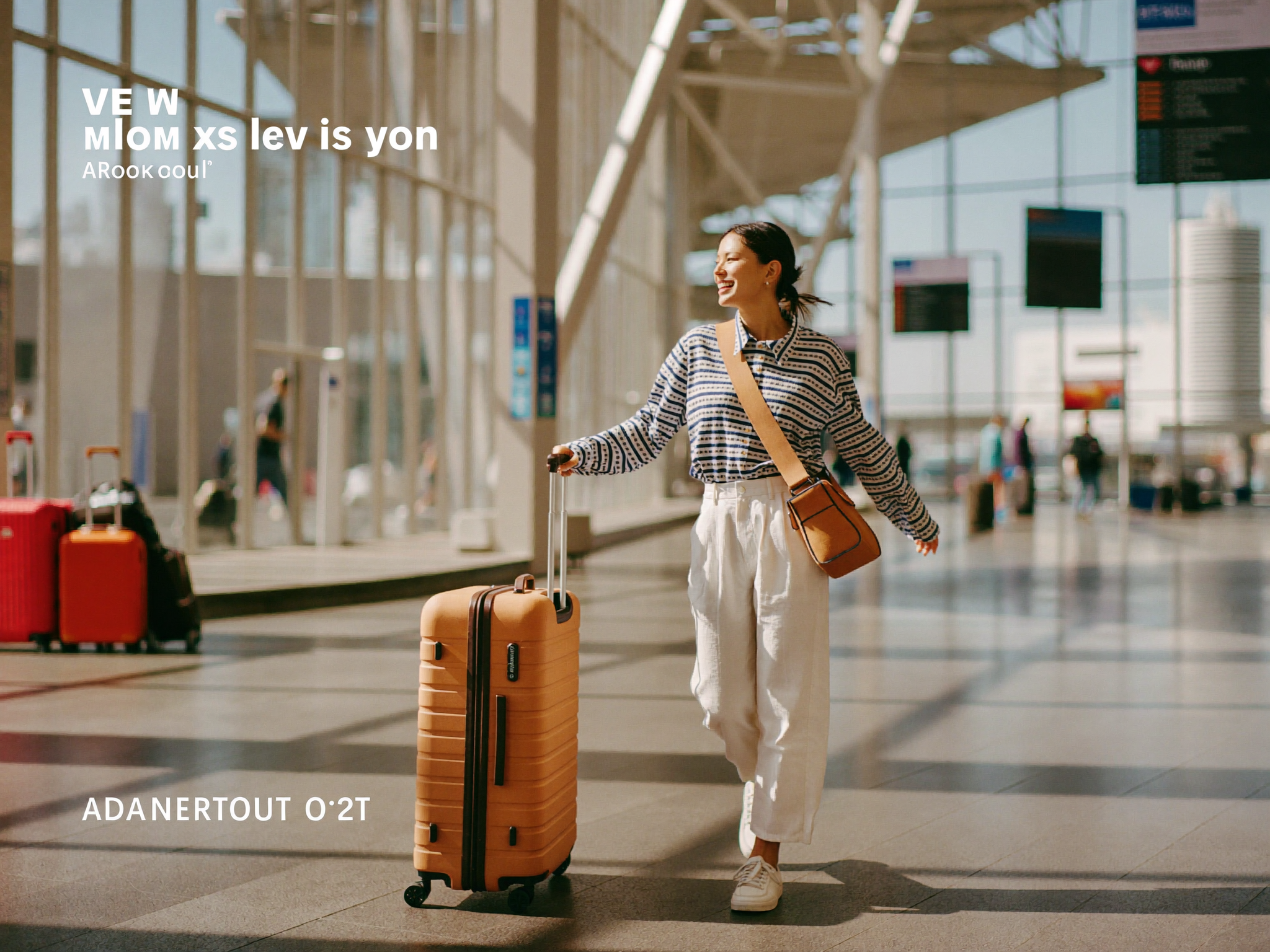 A woman traveling with a suitcase through a bright, sunny airport arrivals area