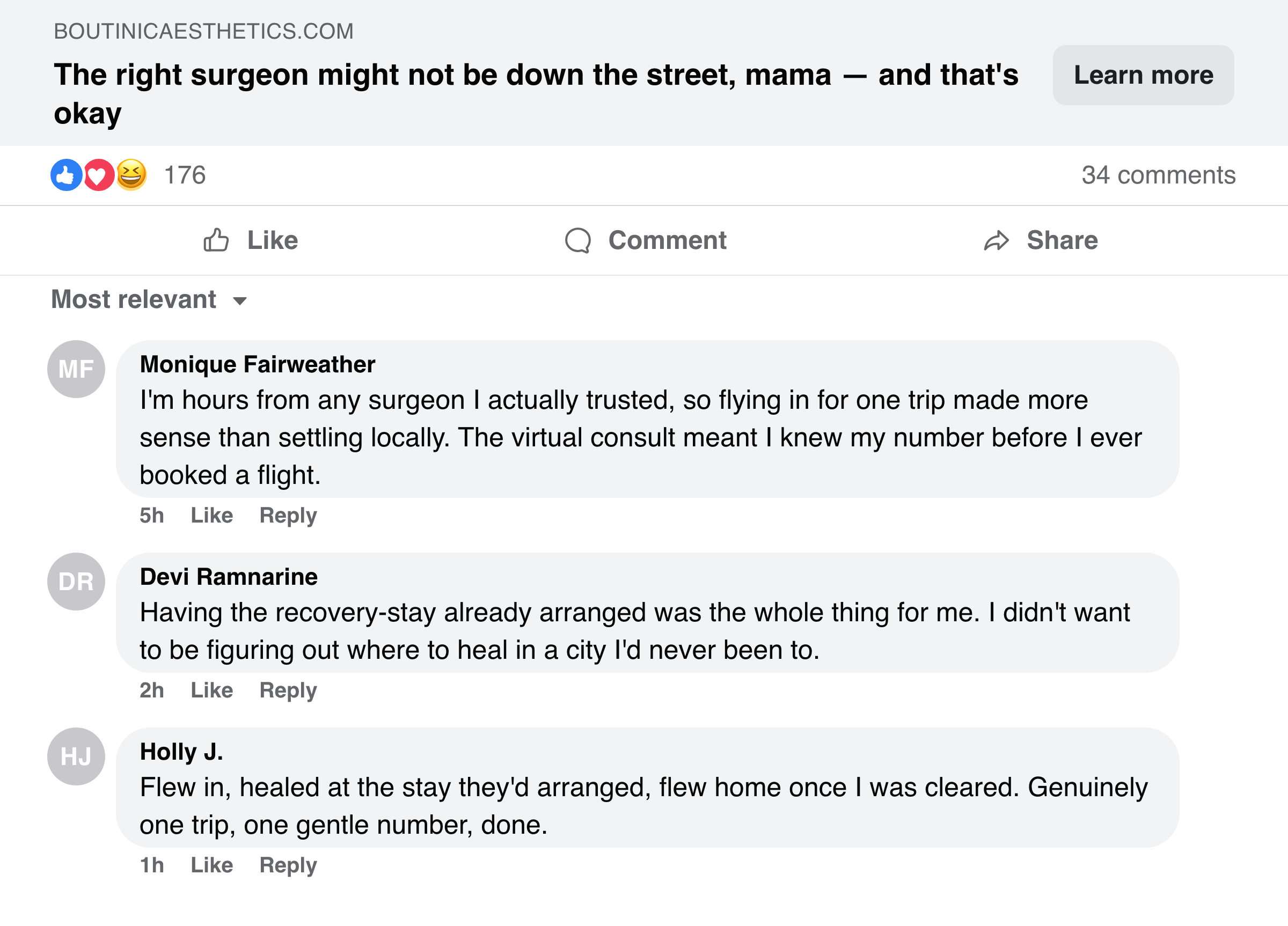 Facebook post — the right surgeon might not be down the street, mama — with mom comments about flying in