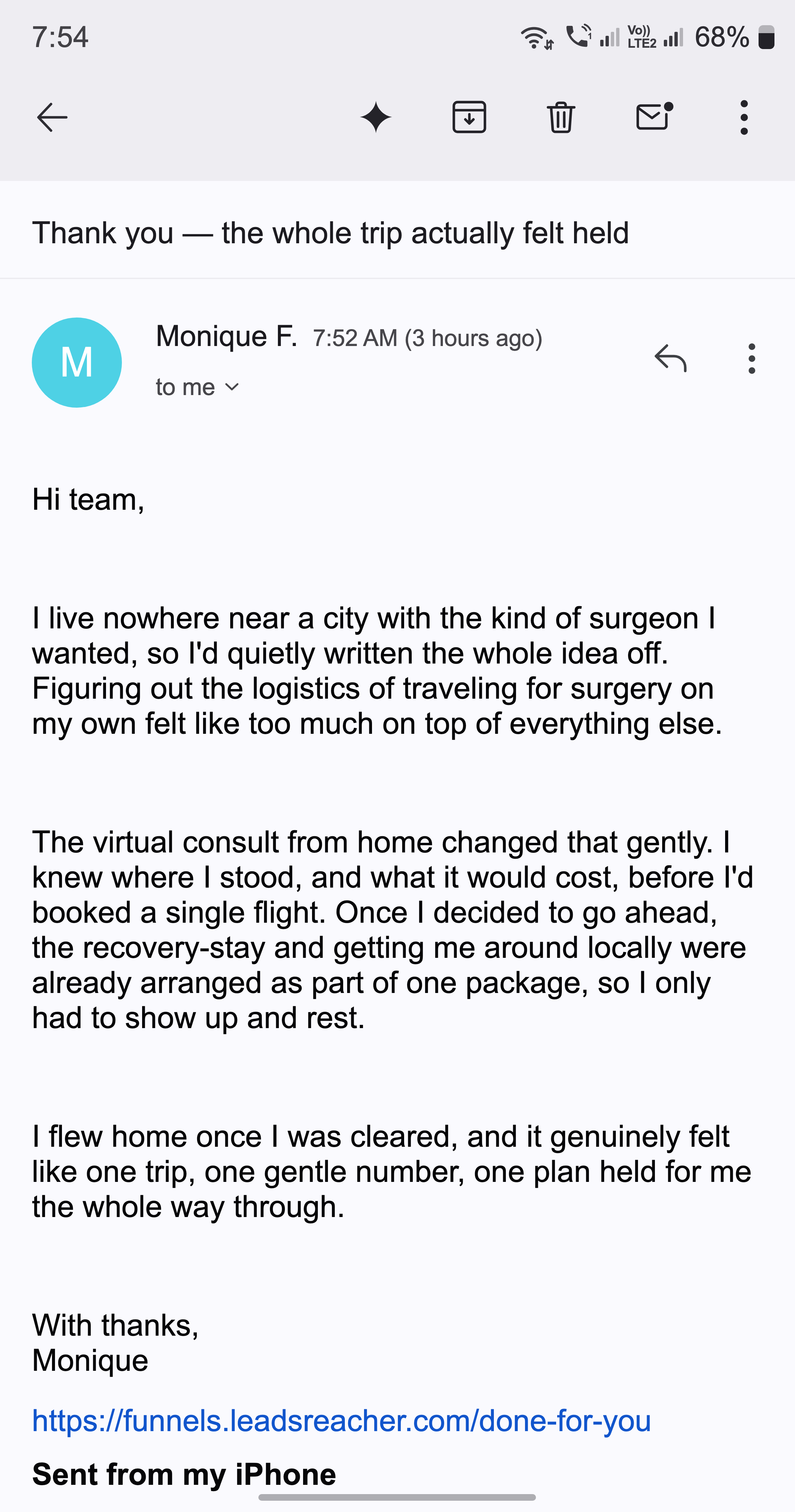 A thank-you email from a mother — the whole trip actually felt held, from virtual consult to flying home