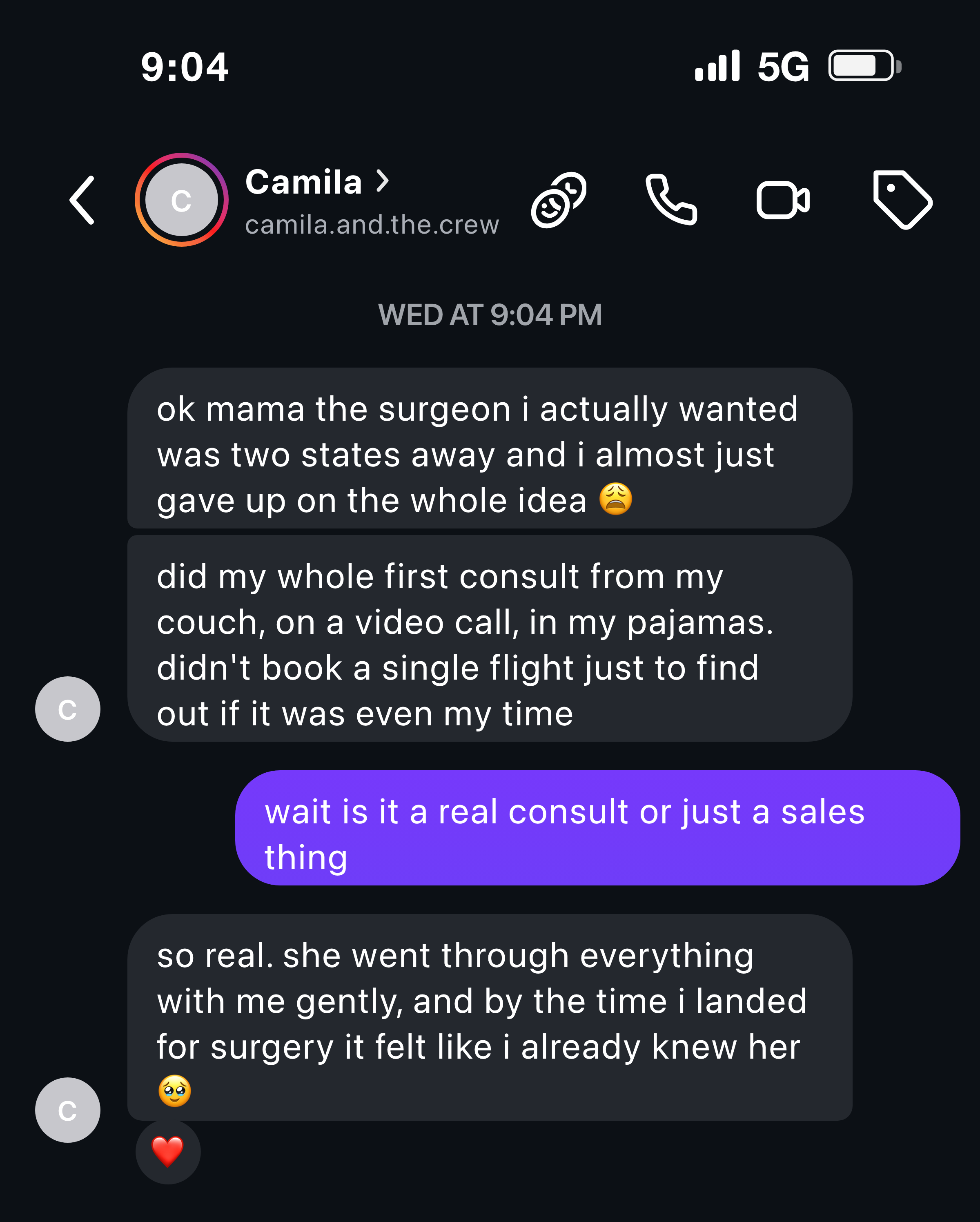 Instagram message from a mom friend — her whole first consult happened from home, on a video call