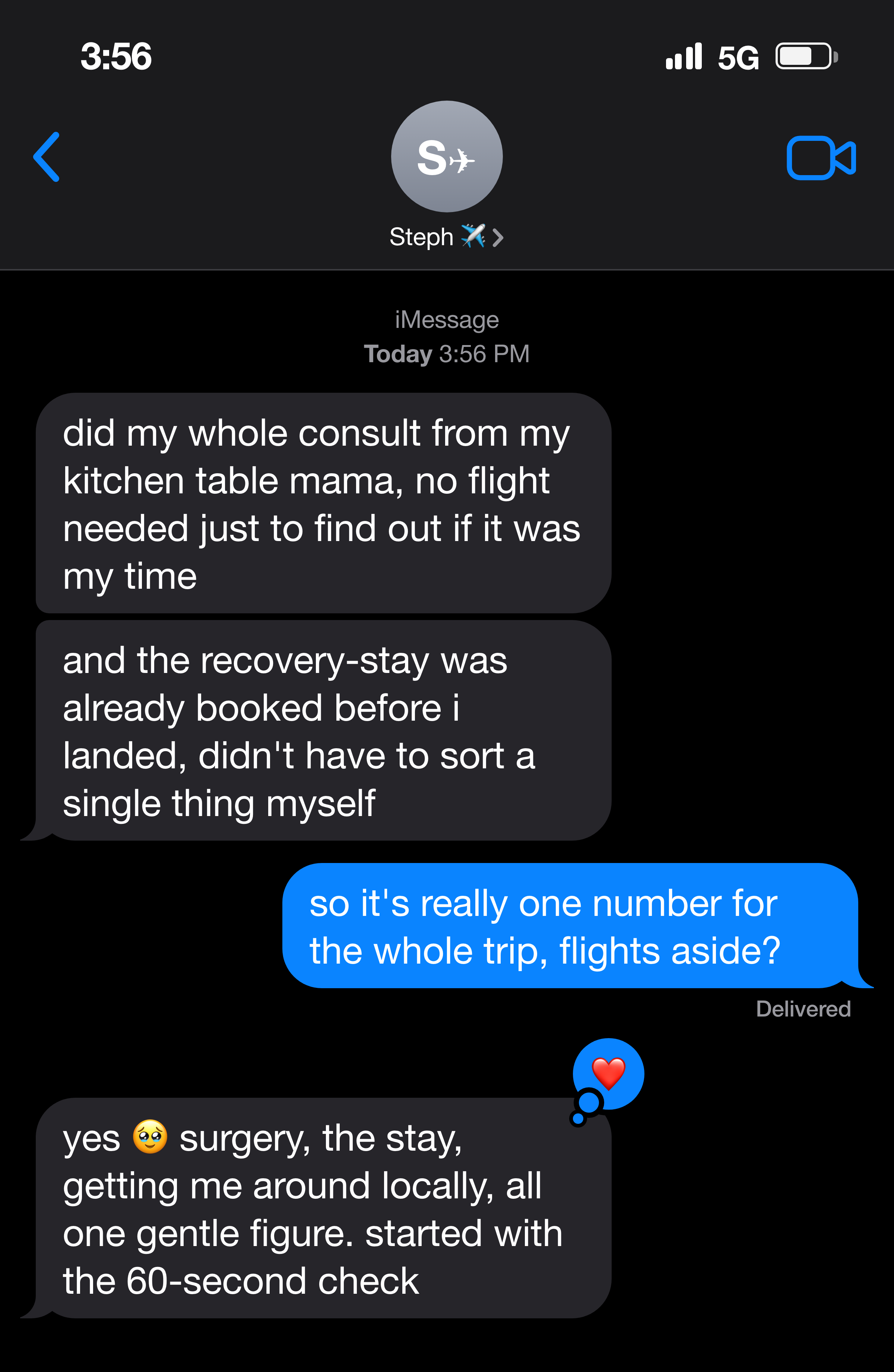 Text messages between two mom friends about the consult from home and the recovery-stay already booked