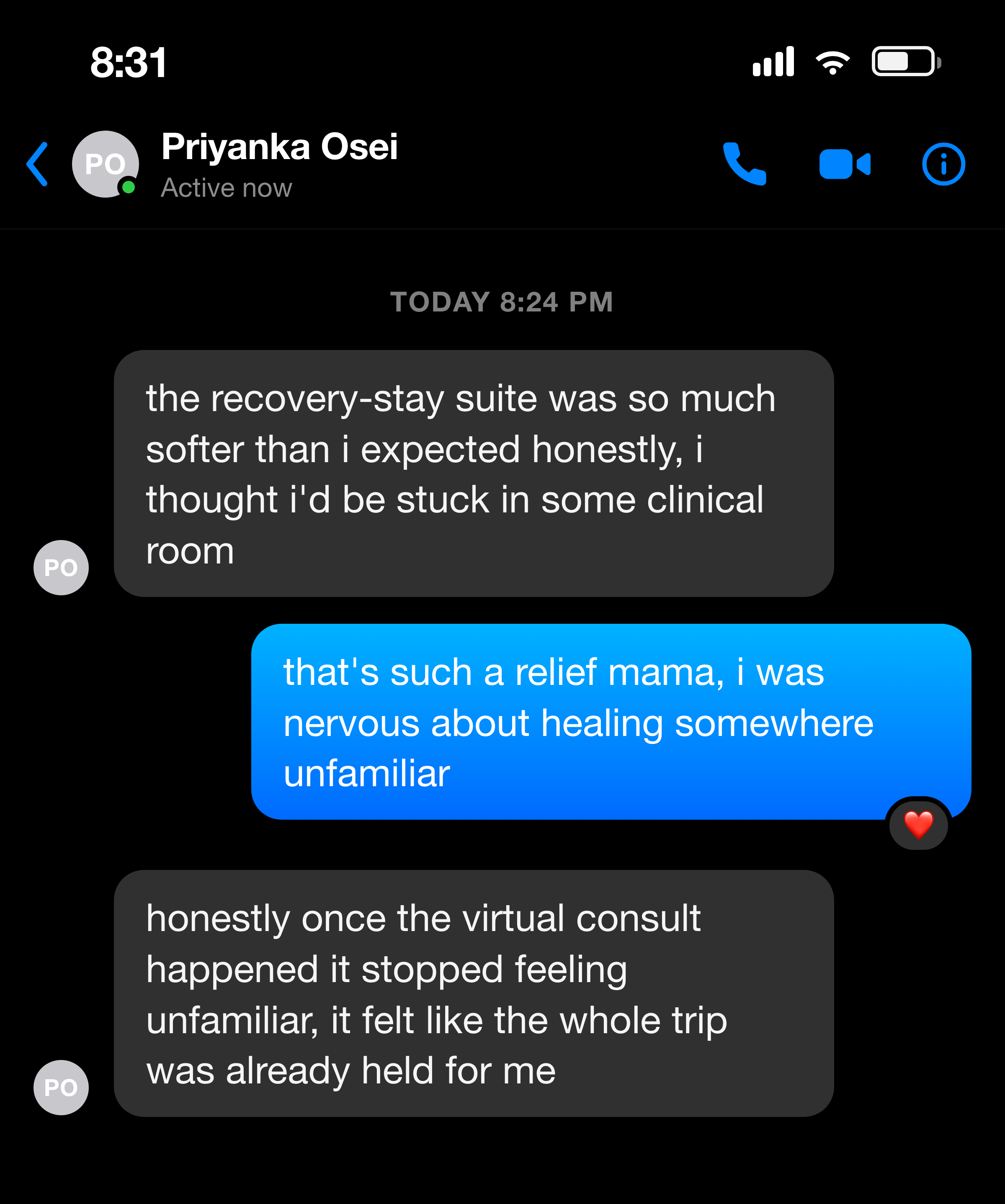 Messenger note from a mother about how comfortable her recovery-stay suite felt