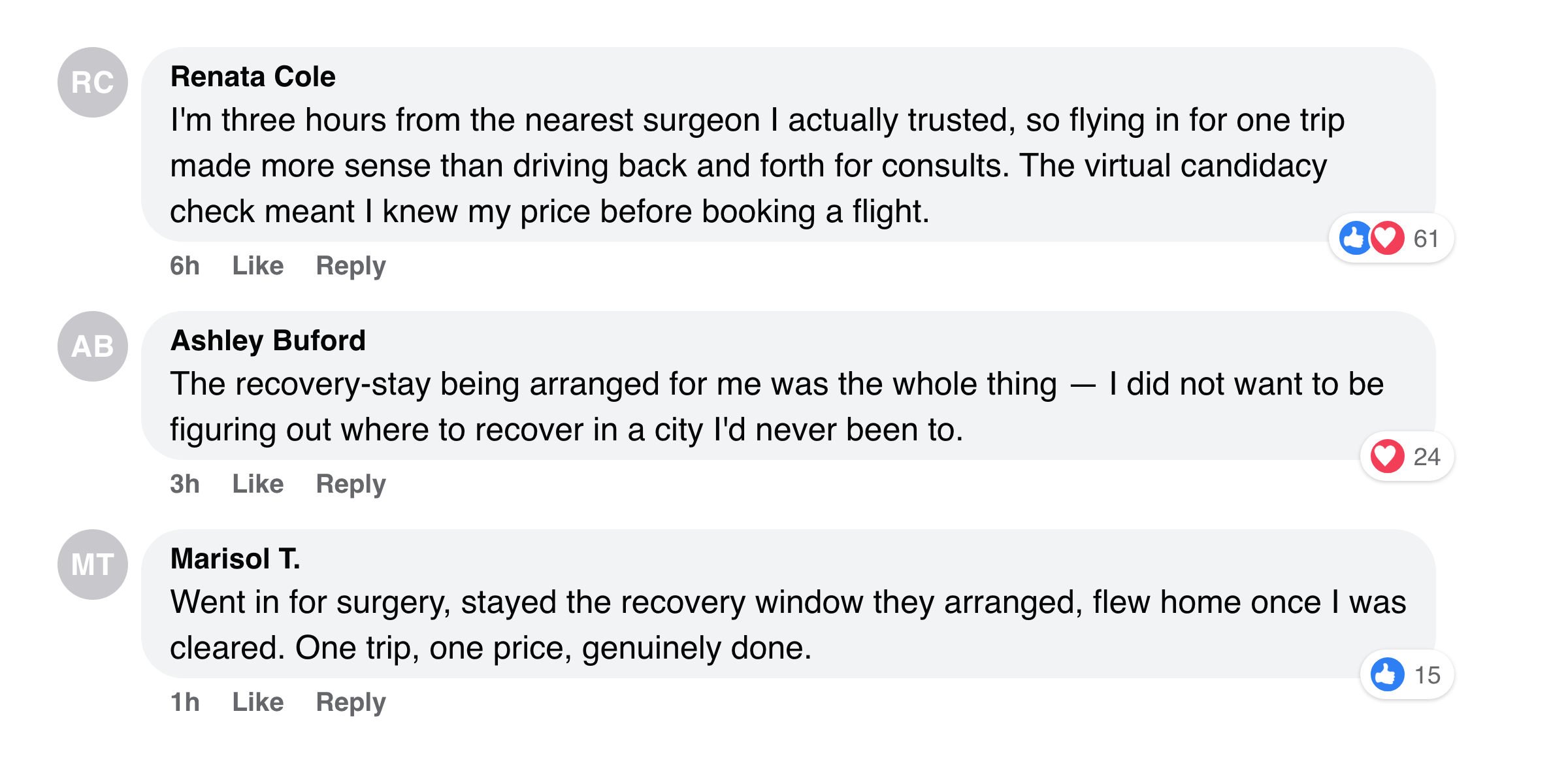 Facebook comments from moms who flew in for their surgeon