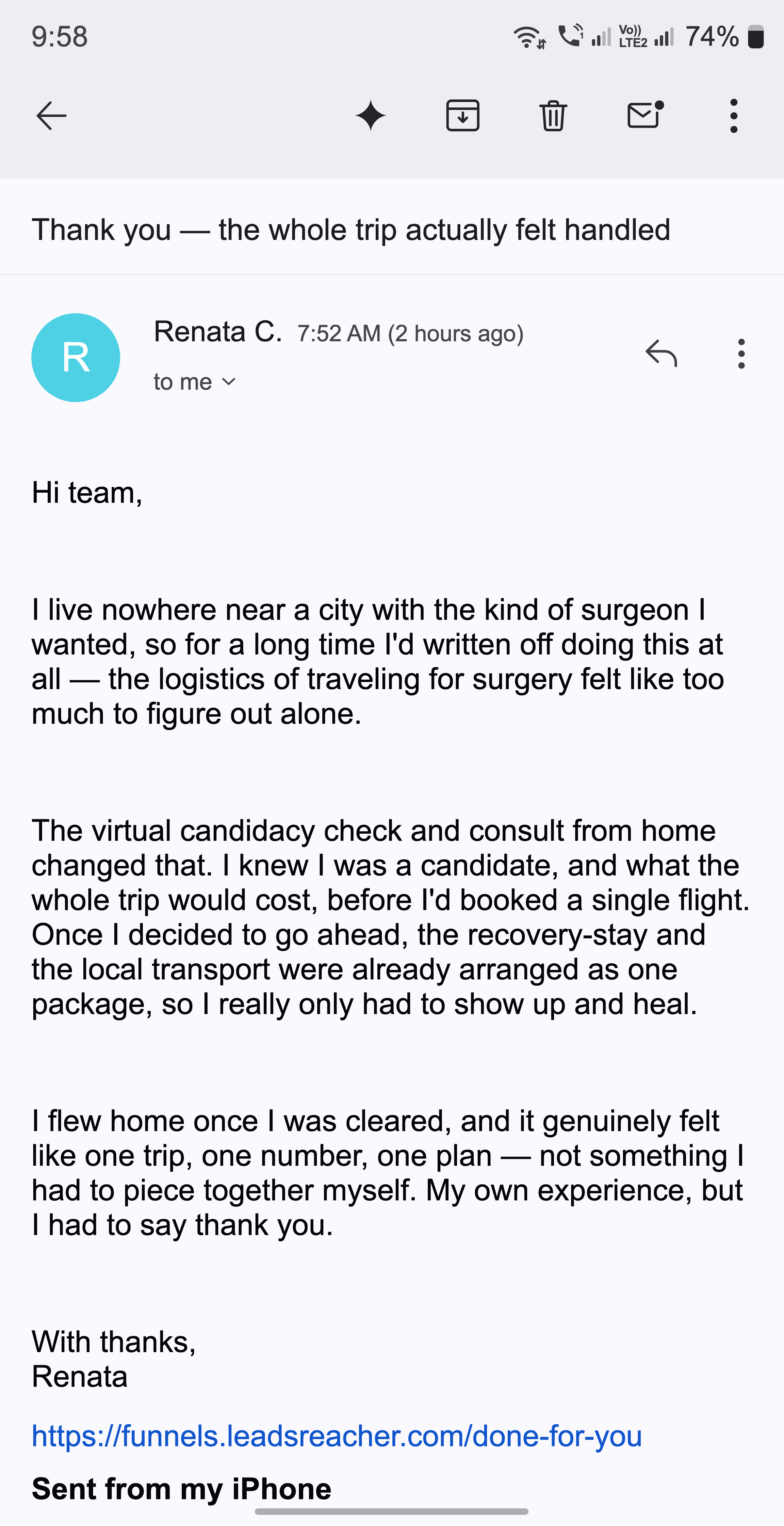 A thank-you email from a mom about her whole trip being handled
