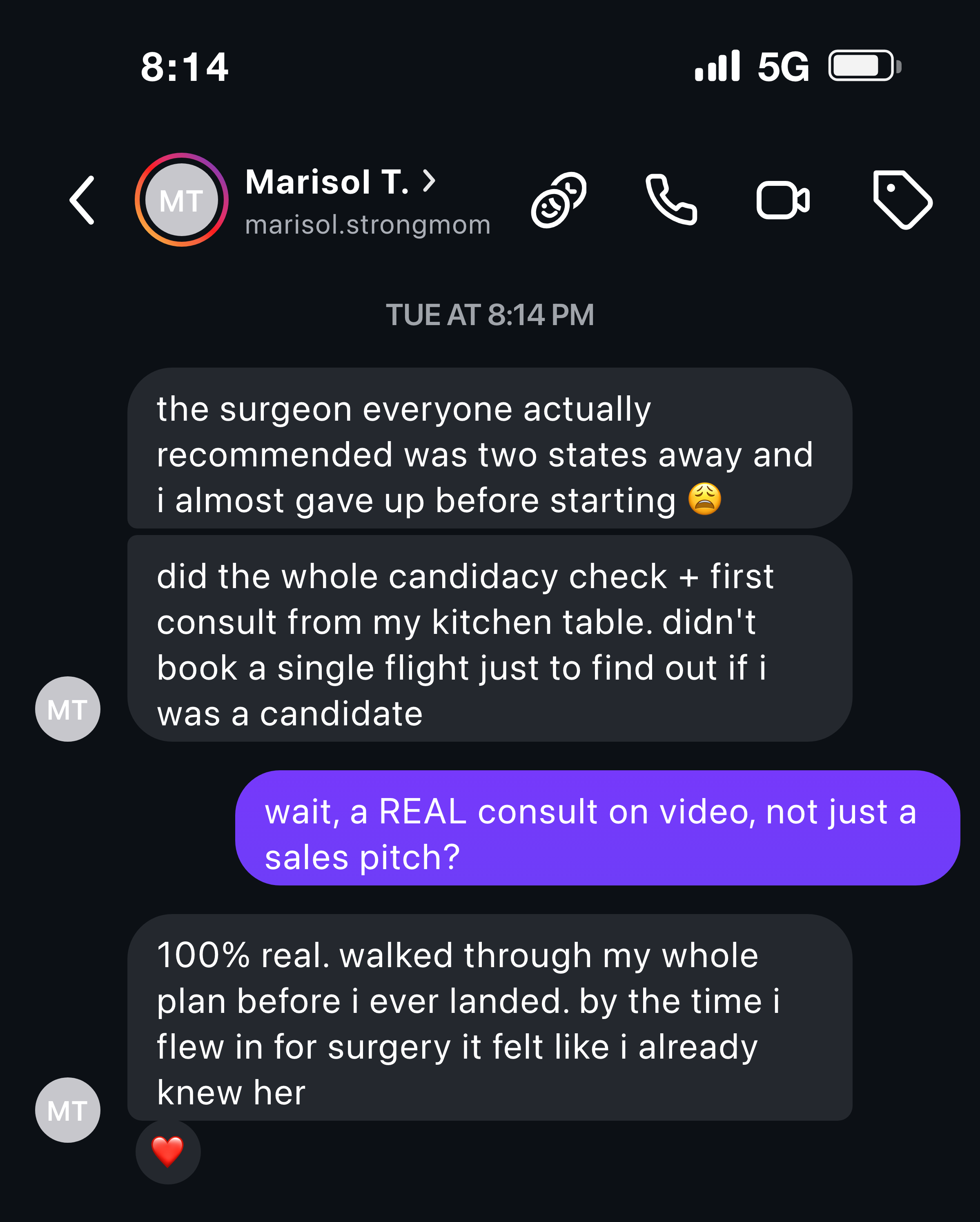 Instagram message from a mom about her virtual consult before flying in