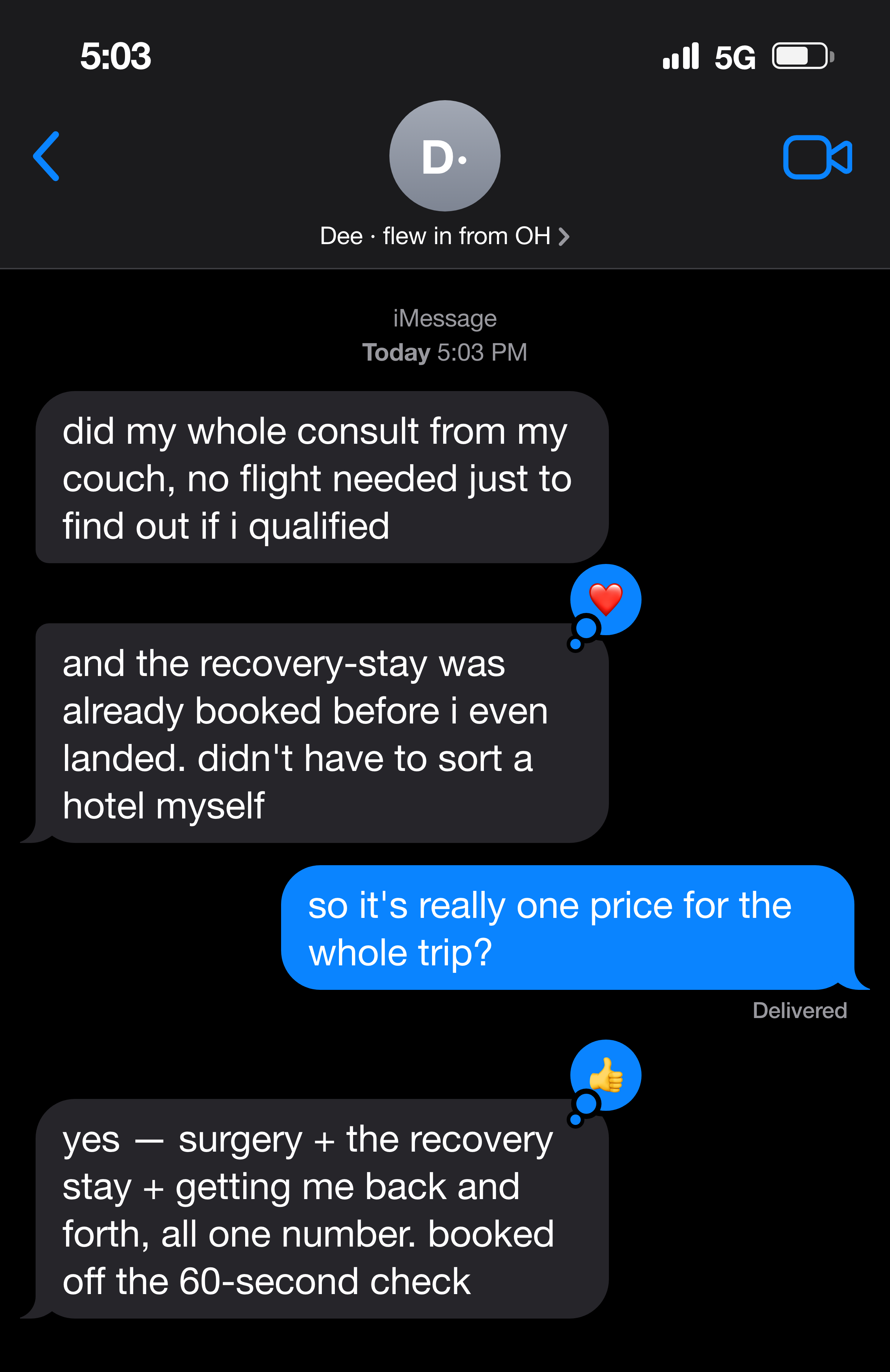 Text message from a mom about one price covering the whole trip