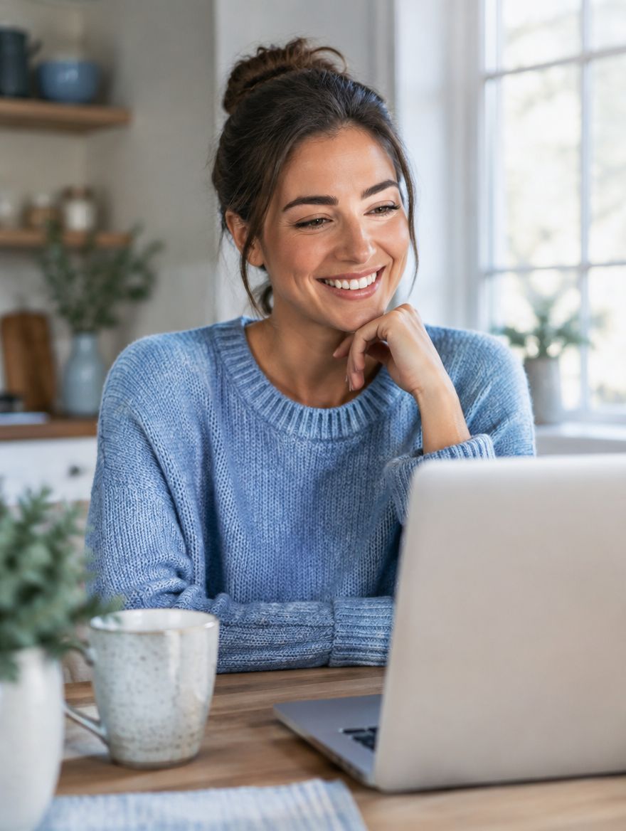 A woman having a warm virtual consultation from her home laptop