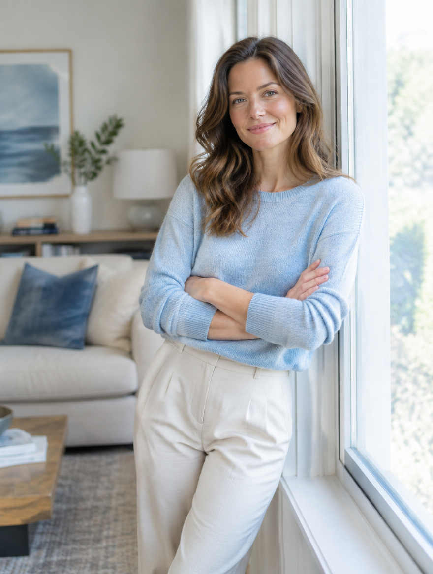 A quietly confident woman at home, some time after her procedure