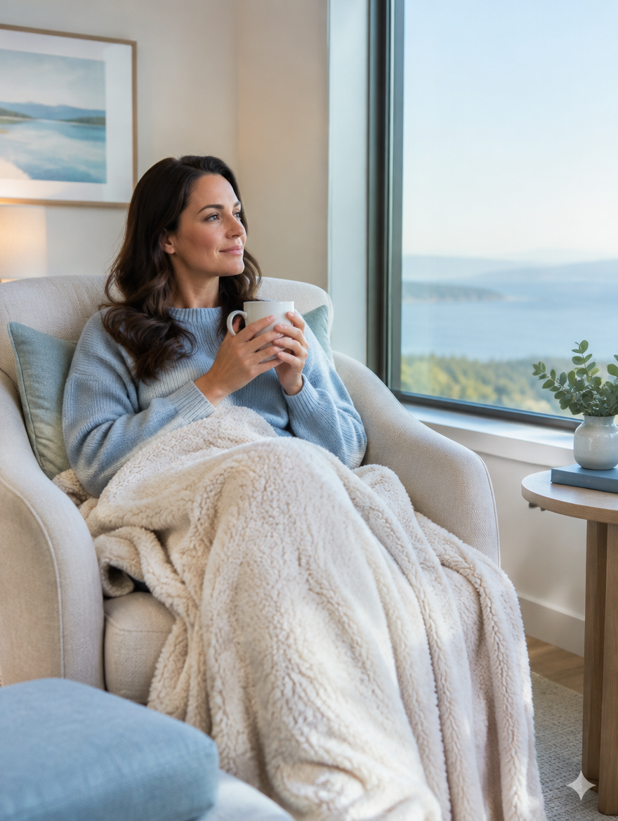 A woman resting comfortably in a private recovery-stay suite, wrapped in a soft blanket