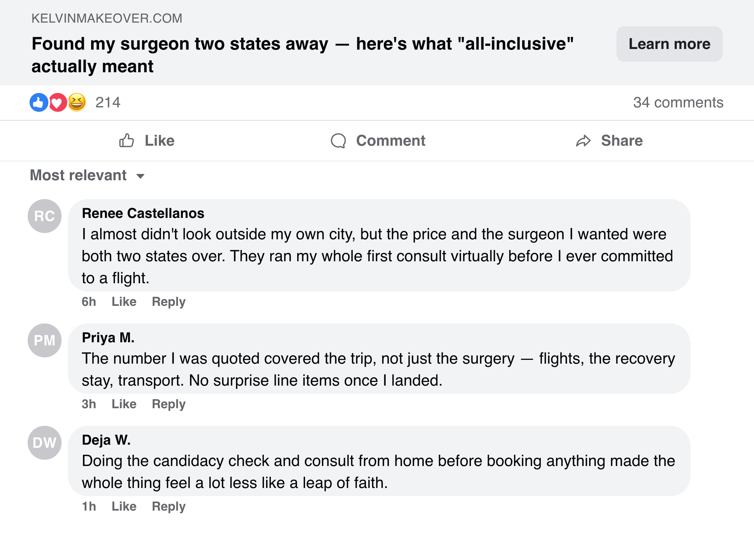 Facebook comments from mothers about the all-inclusive travel price