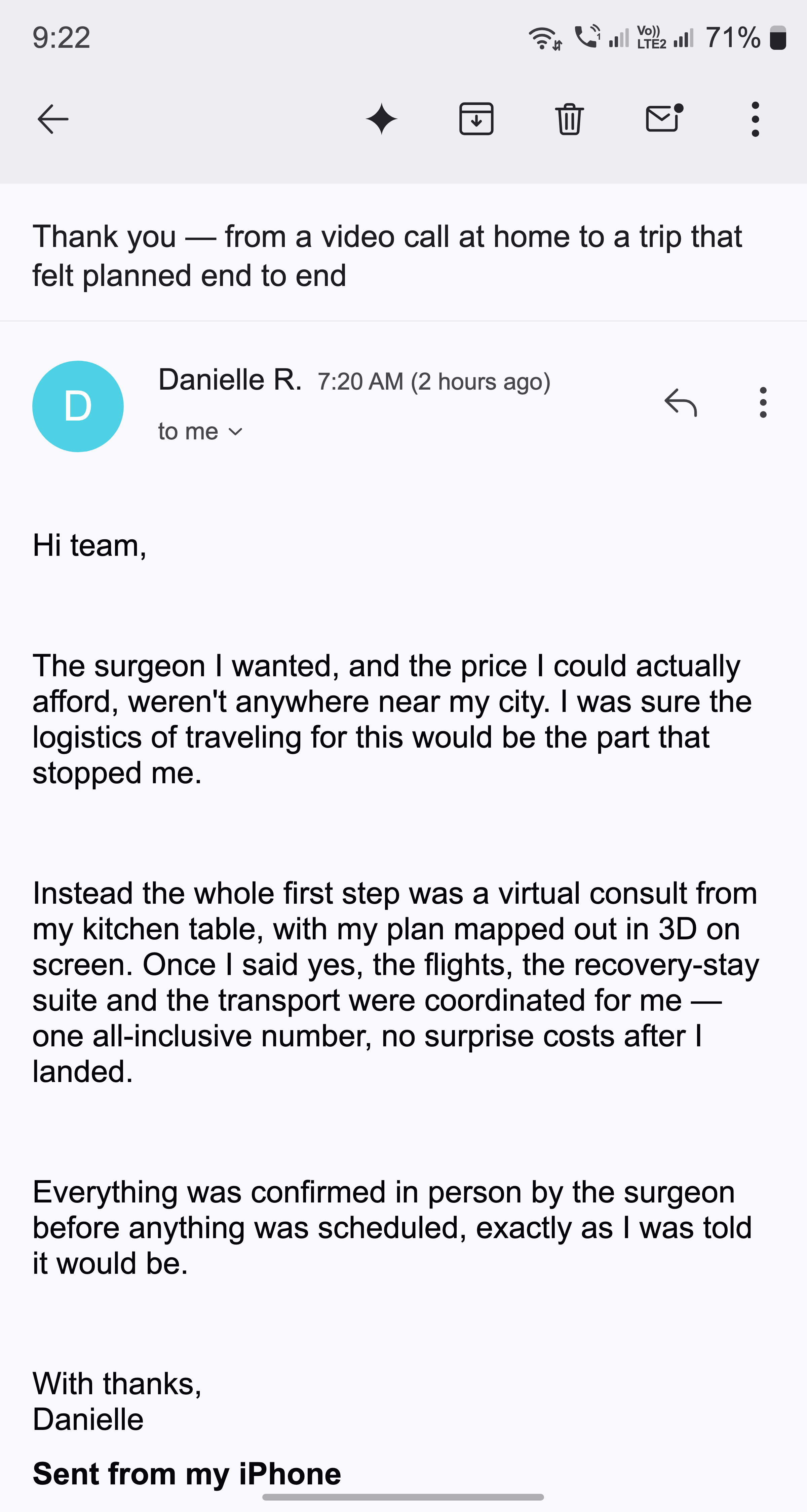 A thank-you email from a mother about her fly-in mommy makeover trip