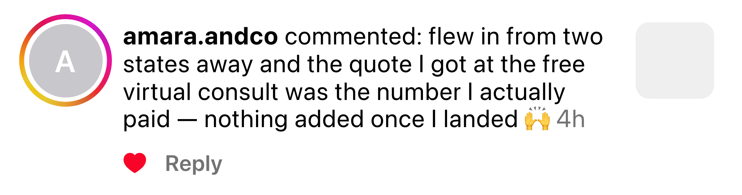 Instagram comment from a mother about the free virtual consult price matching what she paid