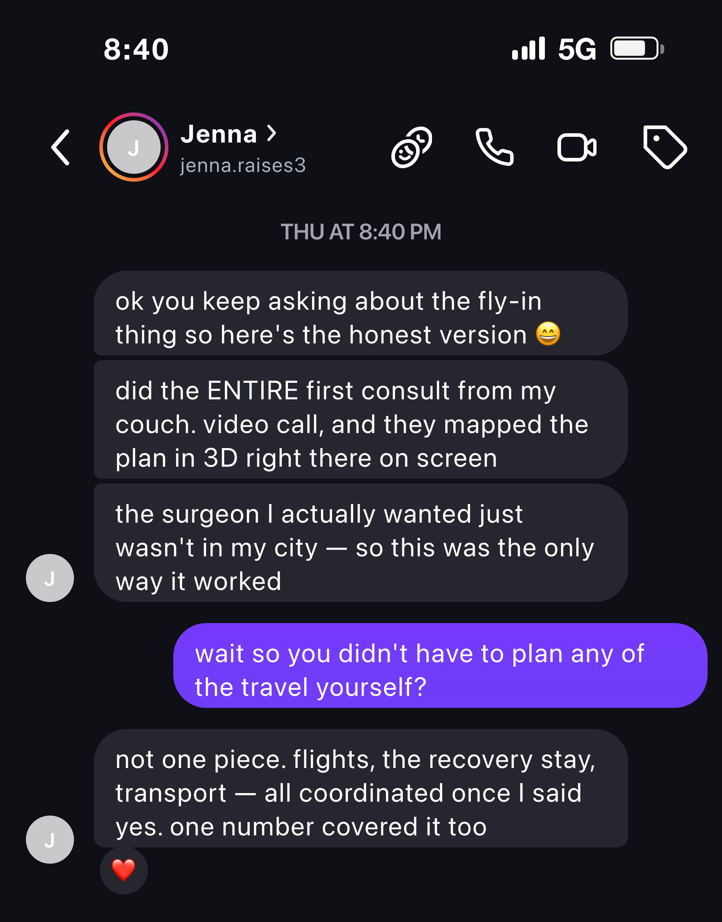Instagram message from a mother about her virtual consult and coordinated trip