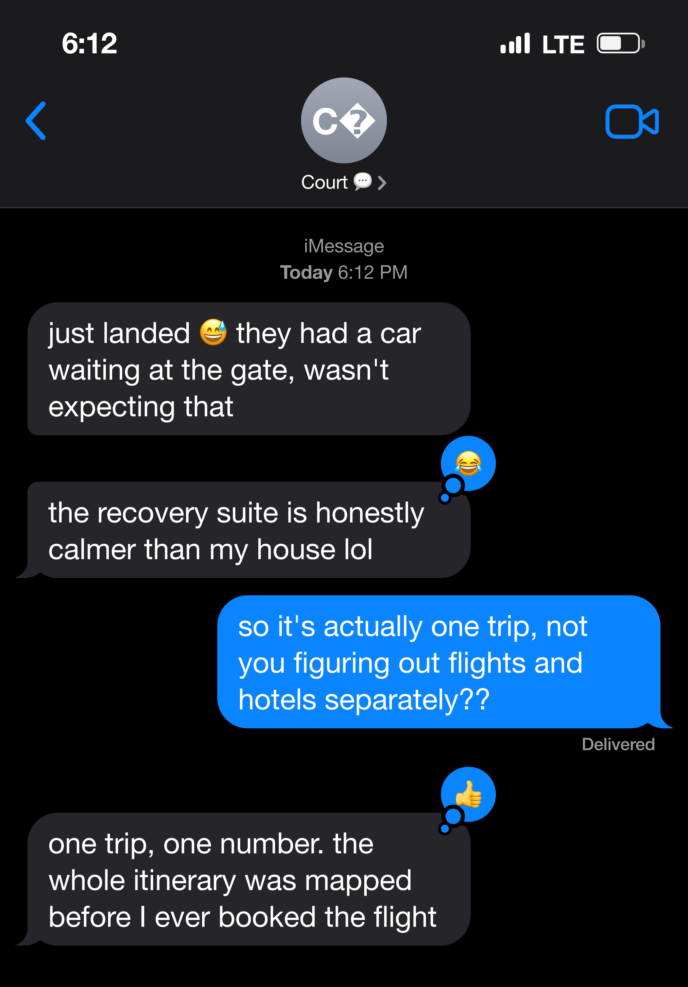 Text message from a mother who just landed for her recovery stay