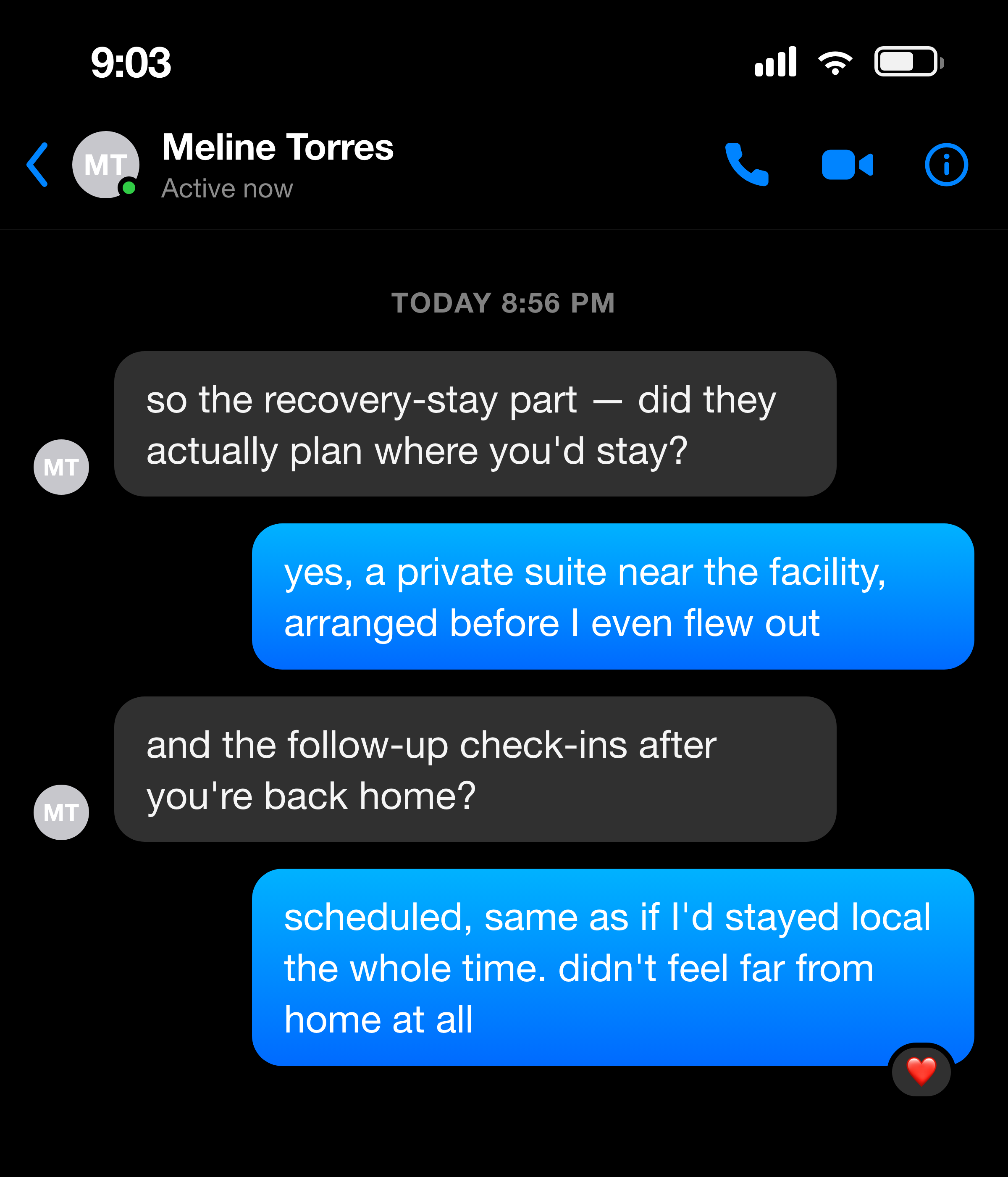 Messenger note from a mother about her recovery-stay suite being arranged in advance