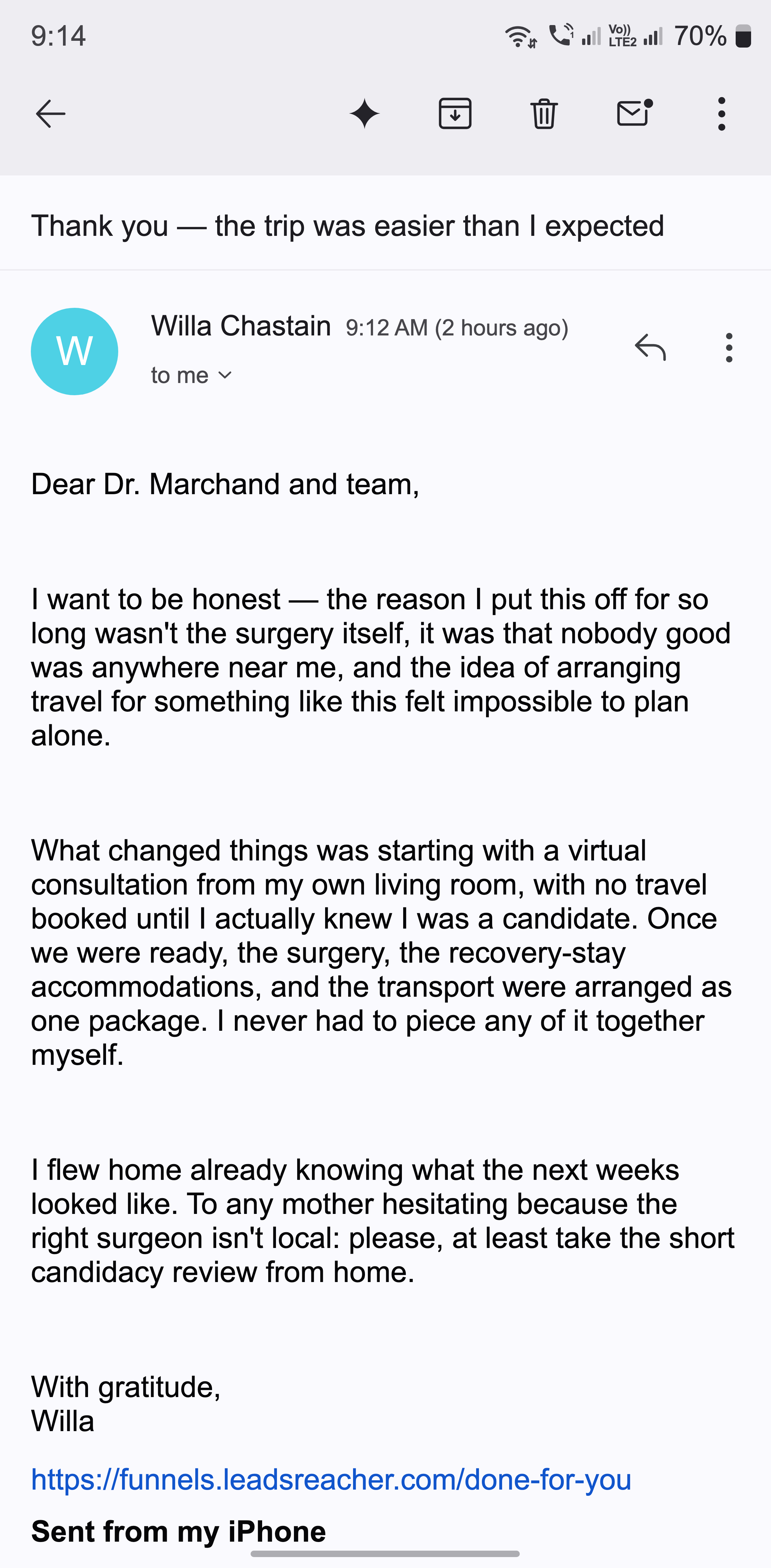 A thank-you email from a mother about how easy the whole trip turned out to be