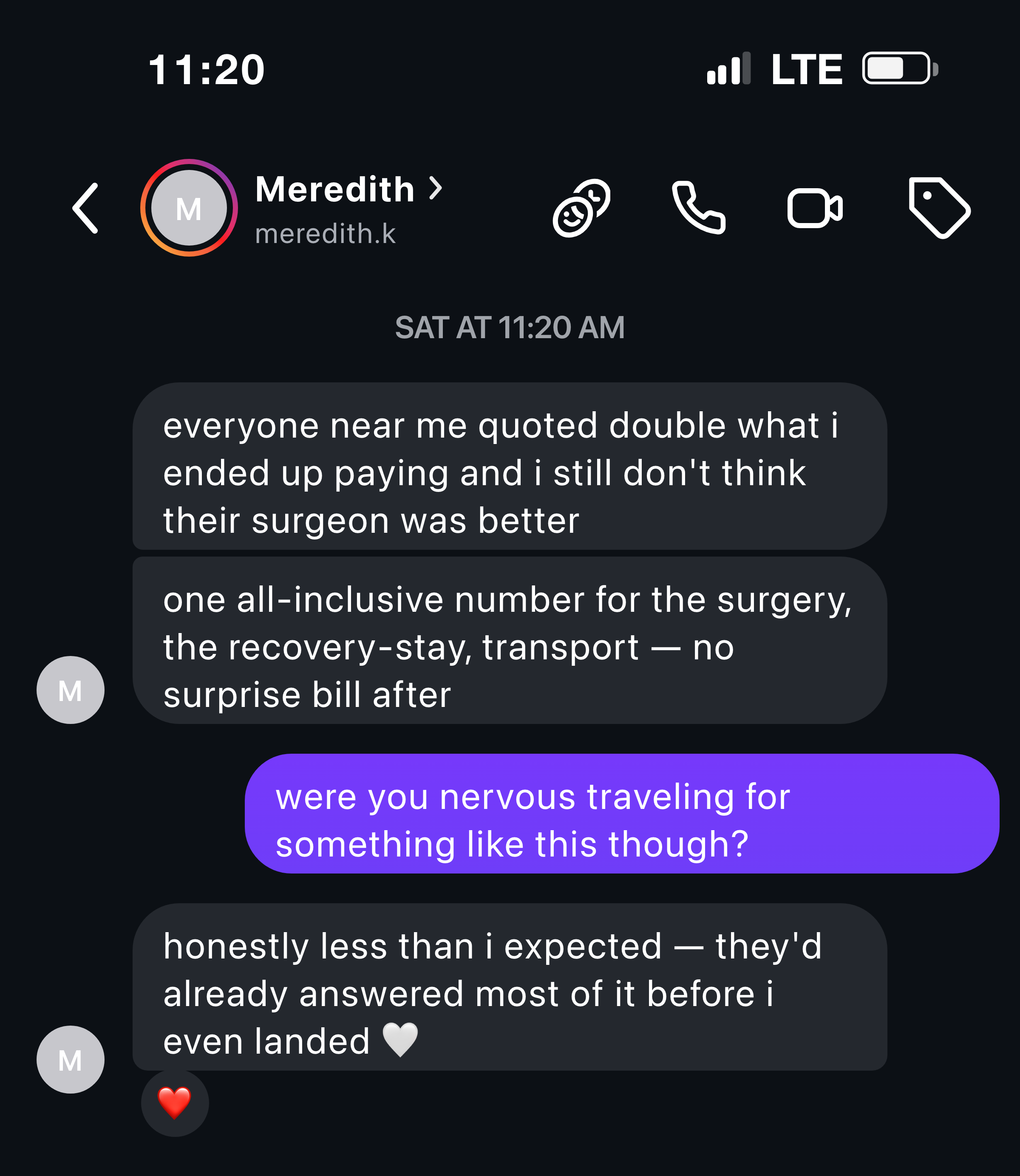Instagram message from a mother about the all-inclusive number covering surgery, recovery-stay and transport
