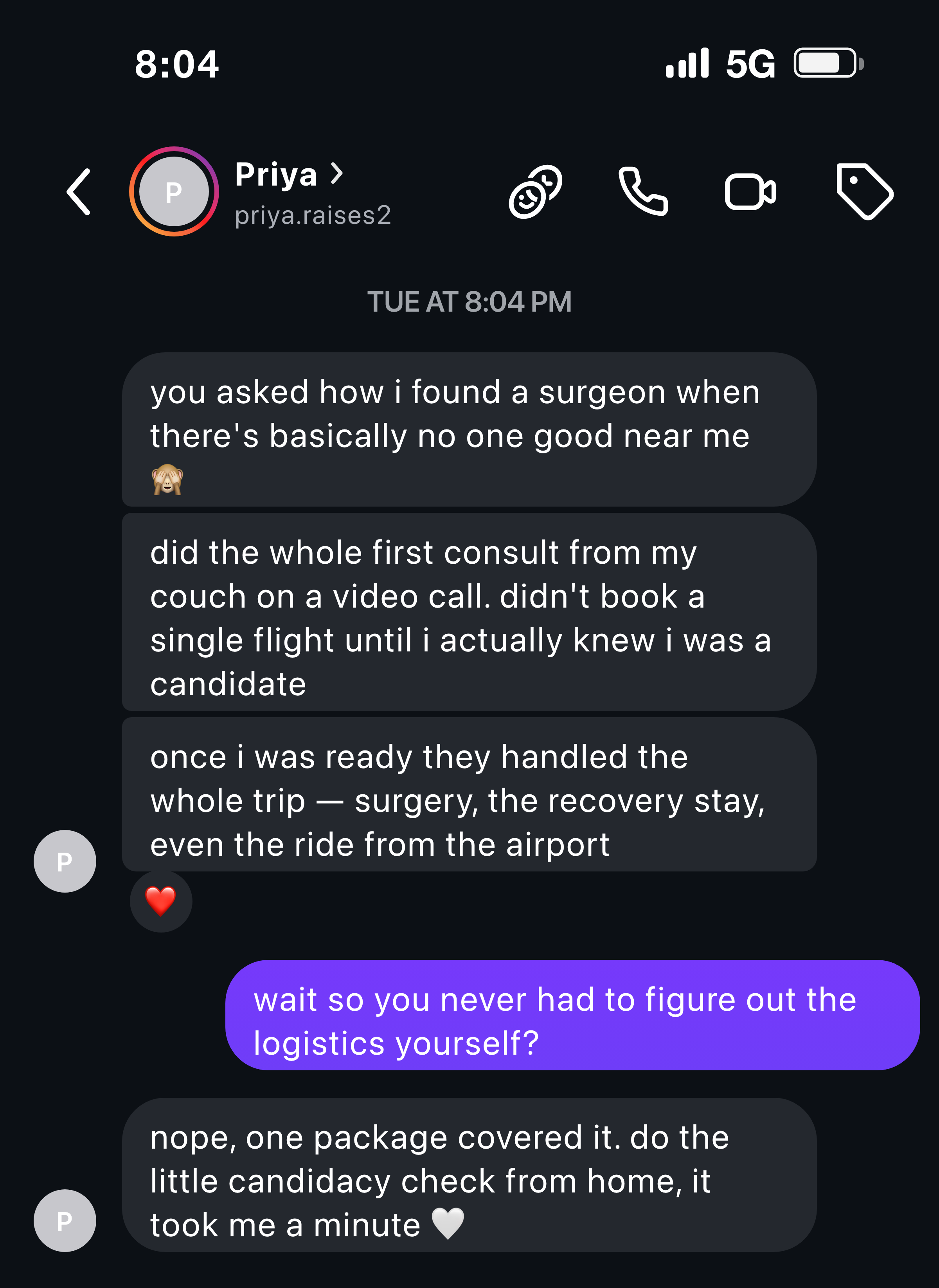 Instagram message from a mother about finding her surgeon through a virtual consult from home