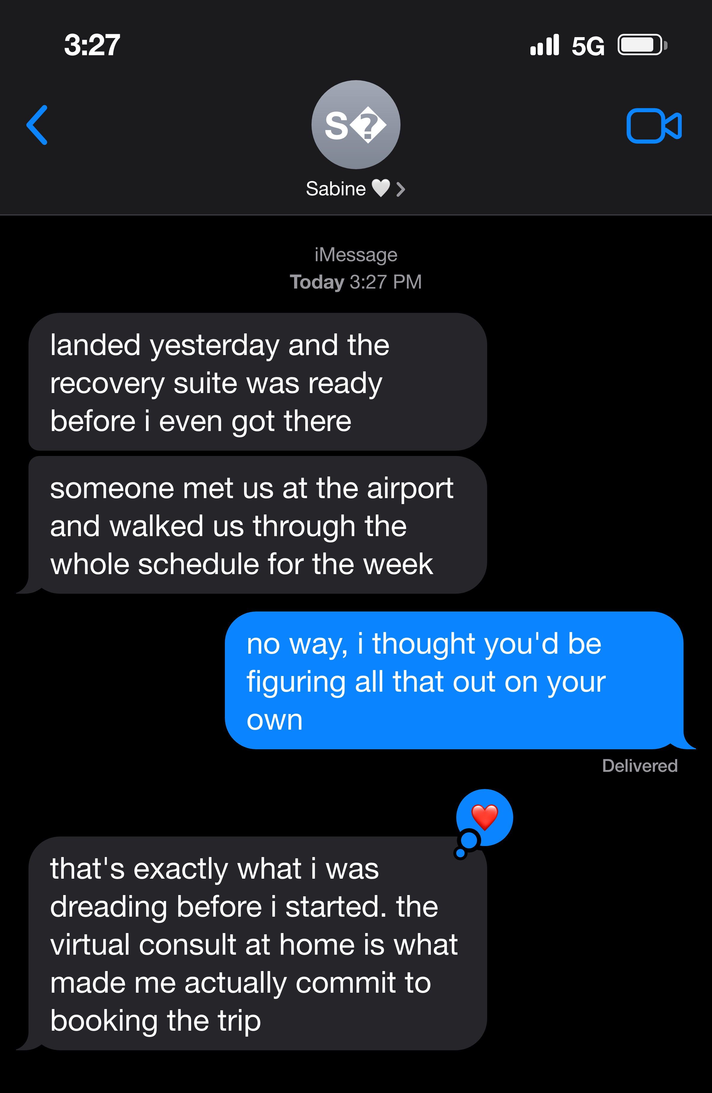 Text message from a mother about the recovery-stay suite being ready on arrival