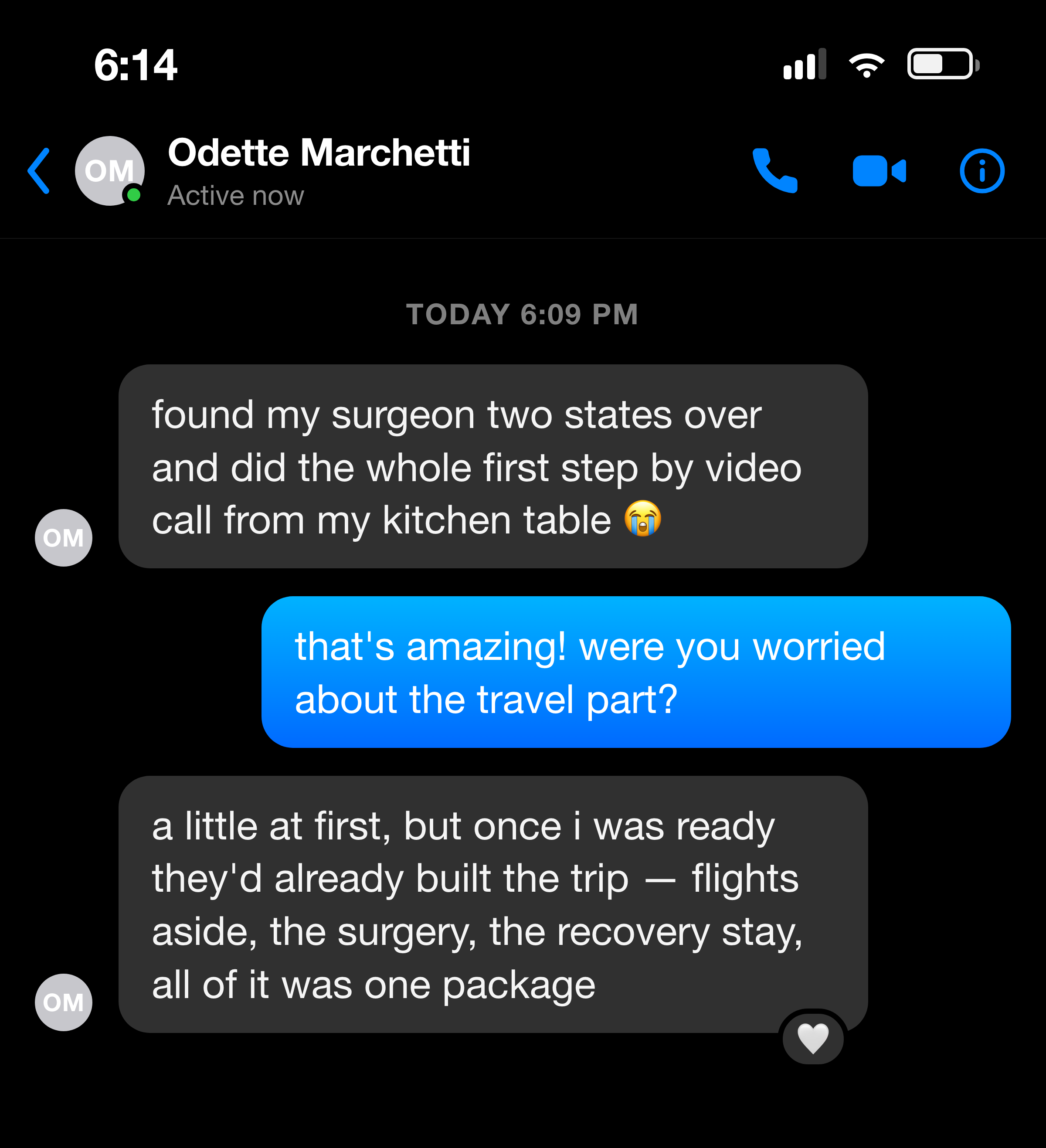 Messenger note from a mother who found her surgeon two states over
